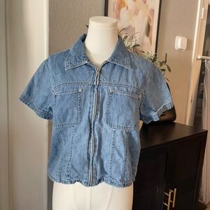 Solutions Original Denim Zip Up Shirt Womens Medium Blue Excellent Vintage Y2K
